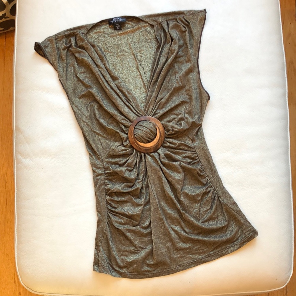 Shine New York gold metallic ruched shirt w/ wood